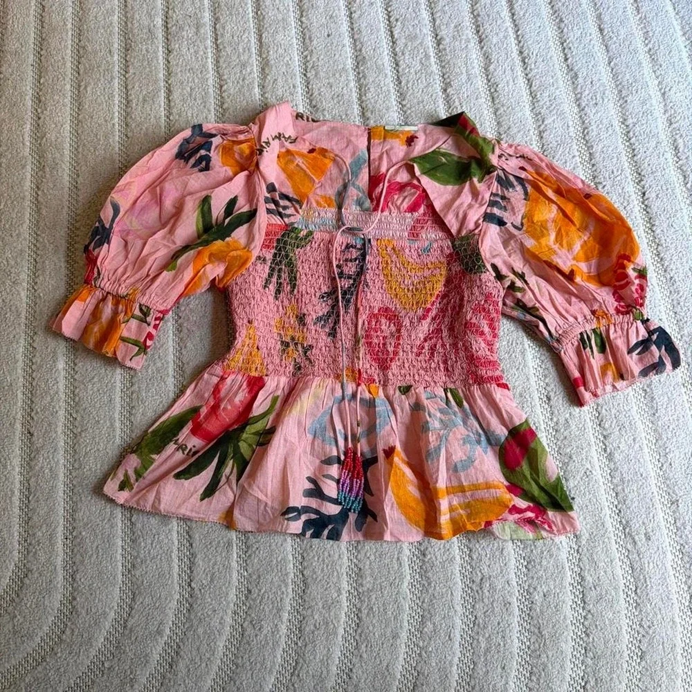 Farm Rio Mixed Fruit Smocked Bodice Blouse size Medium Boho Tropical Summer